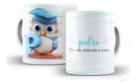Caneca Cerâmica Personalizada Nome Professor Coruja Letra