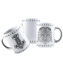 Caneca Cerâmica Símbolo Nórdico Mjolnir Thor Corvo Olho Odin