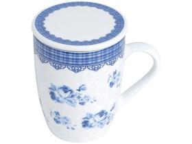 Caneca Chá e Café com Tampa e Filtro Porcelana - Azul e Branca 310ml Lyor Super White Grécia
