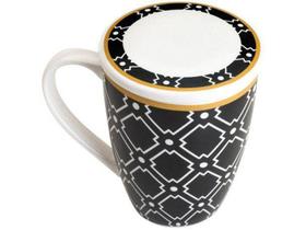 Caneca Chá e Café com Tampa e Filtro Porcelana - Preta e Dourada 310ml Lyor Super White Alexandria