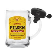 Caneca chopp com campainha sino para bebida cerveja pilsen copo em vidro com alca