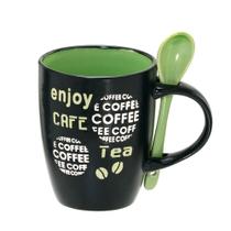 Caneca Coffee com colher 325ml verde e preto 12cm
