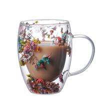 Caneca colorida de vidro floral de parede dupla 350ml