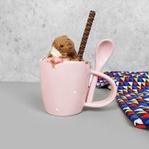 Caneca Com Colher 300 ml Rosa Poa