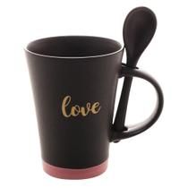 Caneca Com Colher Love Preto Matt/Rosa 310Ml - Bon Gourmet