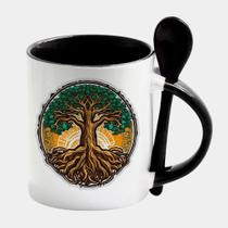 Caneca com Interior e Colher Preta Porcelana 325ML ARVORE DA VIDA MANDALA