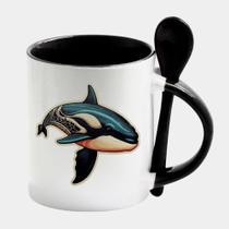 Caneca com Interior e Colher Preta Porcelana 325ML BALEIA MÍSTICA ESOTERISMO