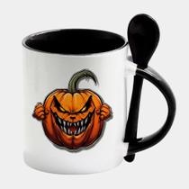 Caneca com Interior e Colher Preta Porcelana 325ML HALLOWEEN ABÓBORA ARTE LARANJA