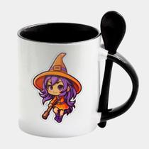 Caneca com Interior e Colher Preta Porcelana 325ML HALLOWEEN BRUXA FOFA LARANJA