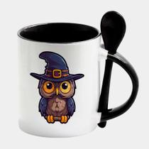 Caneca com Interior e Colher Preta Porcelana 325ML HALLOWEEN CORUJA CHAPEU ROXO