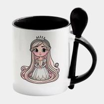 Caneca com Interior e Colher Preta Porcelana 325ML PRINCESA RAPUNZEL DESENHO FOFINHA