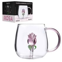 Caneca Com Rosa 3D Em Vidro Borossilicato 350mL Allmix Xícara Presente Romântico