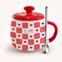 Caneca com tampa ceramica colher de metal love 420 ml