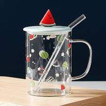 Caneca com Tampa e Canudo Vidro Borossilicato Cerâmica e Silicone Modelo Frutas 400ml