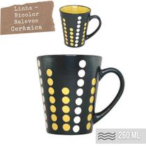 Caneca Cônica Chá Café Chocolate Quente de Cerâmica 260 ml Rústica Bicolor Baixo Relevo PETIT POA AMARELO BRANCO PRETO