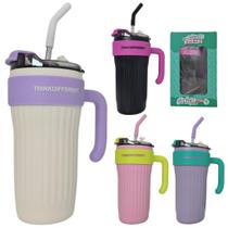 Caneca Copo Térmico 860ml Aço Inox com Tampa Canudo de Inox e Bico de Silicone e Alça