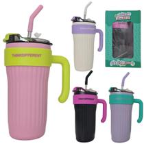 Caneca Copo Térmico 860ml Aço Inox com Tampa Canudo de Inox e Bico de Silicone e Alça