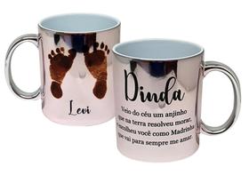 Caneca Cromada Rose Mensagem Dinda Madrinha de Batizado Bebê