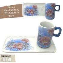 Caneca de Café 100 ml Xícara com Bandeja de Lanche Porcelana Retangular Pintada à Mão ROSA ROSA - AZUL