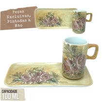 Caneca de Café 100 ml Xícara com Bandeja de Lanche Porcelana Retangular Pintada à Mão ROSAS ROSA - CARAMELO