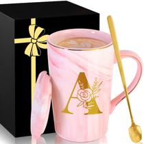 Caneca de café de cerâmica MNZZ Pink Marble Custom Letter Lid