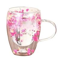 Caneca De Café De Vidro De Parede Dupla Resistente Ao Calor 350ML Com Alça Preenchimento De Flores