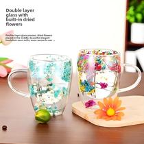 Caneca De Café De Vidro De Parede Dupla Resistente Ao Calor 350ML Com Alça Preenchimento De Flores