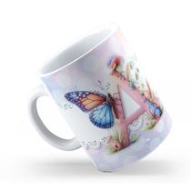 Caneca de Cerâmica 325ml Personalizada Com Seu Nome Alfabeto Butterfly Borboletas