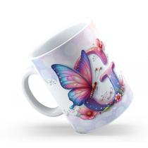 Caneca de Cerâmica 325ml Personalizada Com Seu Nome Alfabeto Butterfly Borboletas