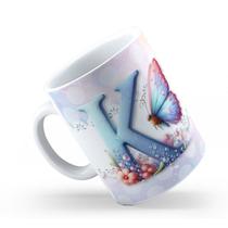 Caneca de Cerâmica 325ml Personalizada Com Seu Nome Alfabeto Butterfly Borboletas