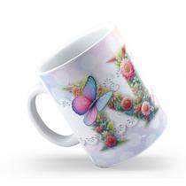 Caneca de Cerâmica 325ml Personalizada Com Seu Nome Alfabeto Butterfly Borboletas
