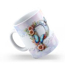 Caneca de Cerâmica 325ml Personalizada Com Seu Nome Alfabeto Butterfly Borboletas