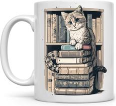 Caneca de cerâmica Adorable Cat on Bookshelf Copo de café de 350 ml