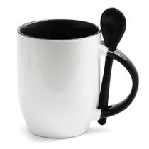 Caneca de Cerâmica Branca com Alça, Interior e Colher Caneca de Cerâmica Branca com Alça, Interior e Colher