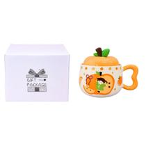Caneca de Cerâmica c/ Tampa Maçã Rosa Lilás Laranja Verde 300ml Café da Manhã Chá Bebidas Quentes Mesa Posta Presente Fruta Decorativa Fofa -