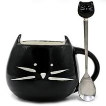Caneca de Cerâmica com Gato - 400ml, com Colher - Ideal para Chá, Café e Leite