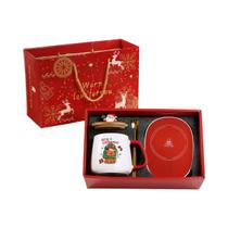 Caneca De Cerâmica Com Tampa De Madeira Quente, Padrão De Papai Noel E Boneco De Neve, Kit De