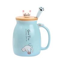 Caneca De Cerâmica De Gato Fofo De 16 Onças Com Tampa E Colher Kawaii Estilo Japonês Xícara De Chá