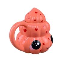 Caneca de cerâmica fofa em forma de cupcake com tampa de 370 ml com estampa de coração