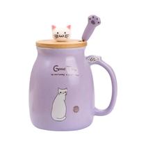 Caneca de Cerâmica Kawaii com Gato - 16 Oz, Tampa e Colher