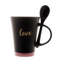 Caneca de Cerâmica Love Preta 310ml com Colher