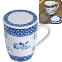 Caneca De Cerâmica P/chá Tampa E Infusor Super White 310 Ml Azul Branca Lyor