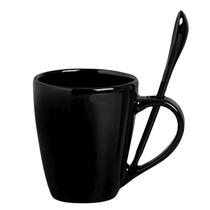 Caneca De Cerâmica Preta 300ml Com Colher Para Chá Café Xícara Servir Mesa Presente