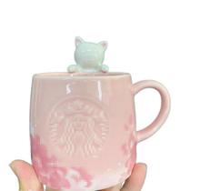 Caneca de Cerâmica Rosa com Gato - Estilo Star Home Cherry Blossom