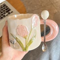 Caneca De Cerâmica Tulipa Com Alça Colher Criativa Café Chá Café Da Manhã Copo Para Beber Presente