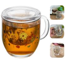 Caneca De Chá Com Infusor E Tampa Vidro 330ml Primavera Flores Luxo Incolor Lyor