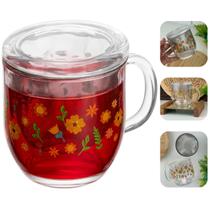 Caneca De Chá Com Infusor e Tampa Vidro 330ml Primavera Flores Luxo Caneca De Chá Com Infusor e Tampa Vidro 330ml Primavera Flores Luxo
