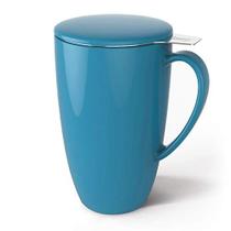 Caneca de chá em porcelana com infusor e tampa, 15 OZ, Azul Aço