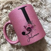 Caneca de glitter rosa 325ml Nome e Inicial Caneca Rosa com Glitter Personalizada