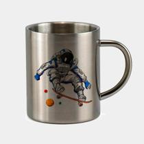 Caneca de Inox Premium Prateada 400ml Astronauta Skate Skatista Planetas